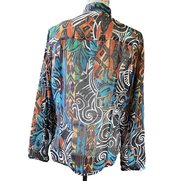 Retro CHICO'S Womens 1 (M) 100% Silk Artsy Semi-Sheer Career High Collar Blouse - Picture 3 of 10